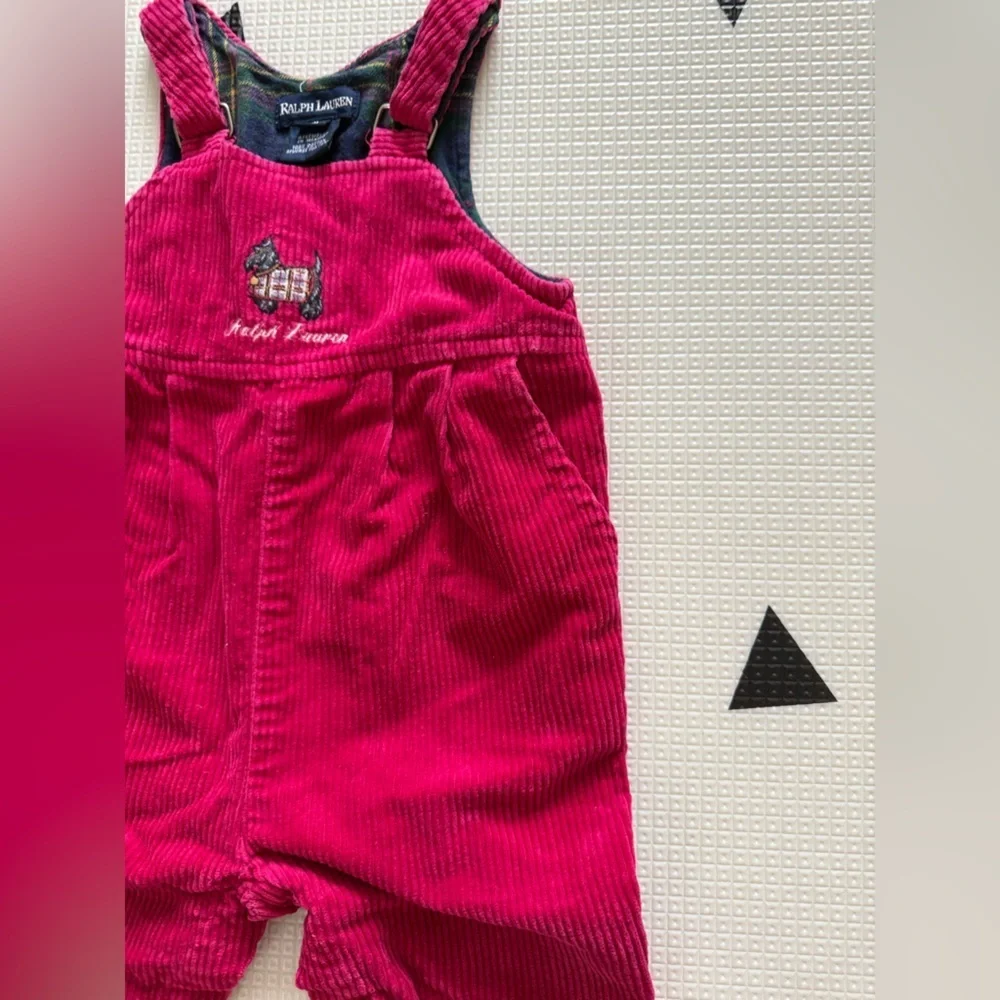 Vintage Ralph Lauren|Baby girl corduroy overalls in vibrant pink w preppy dog•••